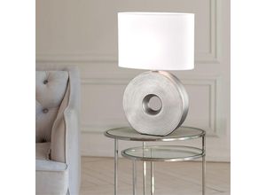 4059157381698 - Tischlampe silber Beistellleuchte modern Nachttischlampe oval Designleuchte Leselampe Textil Schirm weiß Keramik 1x E27 Fassung LxBxH 34x17x53 cm