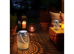 4059157385276 - Etc-shop - Outdoorleuchte Solar Laterne Bambus Außen Boho Deko Solarleuchte Solarlaternen für Außen Garten hängend stehend led DxH 12 x 16 cm 2er