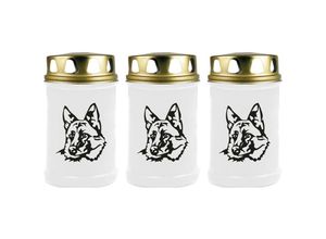 4059222044640 - Hs Candle - Grabkerze - 3er Pack - Grablicht mit Tier-Motiv ( Hund Schäferhund ) - ca 40h Brenndauer je Kerze ( 12cm ø 6cm ) - viele versch Designs