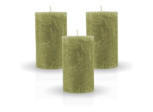 4059222068295 - Rustikale Stumpenkerze 3er-Pack Olive vers Farben Größen - lange Brenndauer Antik Kerze Duftfreie Altarkerze - Dekokerze Adventskerze - Olive