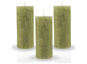 4059222068301 - Rustikale Stumpenkerze 3er-Pack Olive vers Farben Größen - lange Brenndauer Antik Kerze Duftfreie Altarkerze - Dekokerze Adventskerze - Olive