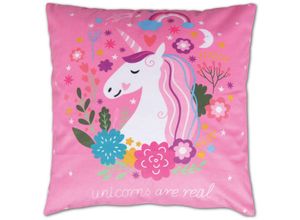 4059222215538 - Bestlivings - Dekokissen Fotodruck Motiv in 40x40 cm Flauschig weiches Kissen in vielen Motiven erhältlich ( Design Einhorn Pink ) - Einhorn pink