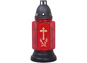 4059222255558 - Hs Candle - Grableuchte aus Glas ( 24 cm ) mit Kreuz inklusiv Kerze - Design Buena rot - Buena Rot