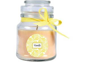 4059222275976 - Hs Candle - Duftkerze mit Schriftzug Vanille im Bonbon Glas 120g Wachs - Brenndauer ca 30 Stunden Kerze im Glas in Geschenkverpackung - Gelb