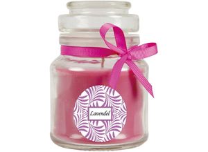 4059222275983 - Hs Candle - Duftkerze mit Schriftzug Lavendel im Bonbon Glas 120g Wachs - Brenndauer ca 30 Stunden Kerze im Glas in Geschenkverpackung - Lila