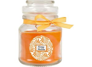 4059222275990 - Hs Candle - Duftkerze mit Schriftzug Honigmelone im Bonbon Glas 120g Wachs - Brenndauer ca 30 Stunden Kerze im Glas in Geschenkverpackung - Orange