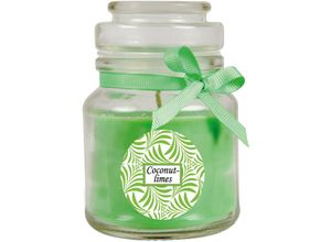 4059222276003 - Hs Candle - Duftkerze mit Schriftzug Coconut-Limes im Bonbon Glas 120g Wachs - Brenndauer ca 30 Stunden Kerze im Glas in Geschenkverpackung - Grün