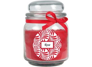 4059222276010 - Hs Candle - Duftkerze mit Schriftzug Rose im Bonbon Glas 300g Wachs - Brenndauer ca 70 Stunden Kerze im Glas in Geschenkverpackung - Rot