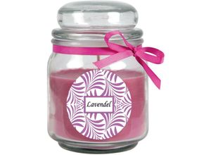 4059222276034 - Hs Candle - Duftkerze mit Schriftzug Lavendel im Bonbon Glas 300g Wachs - Brenndauer ca 70 Stunden Kerze im Glas in Geschenkverpackung - Lila