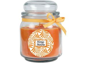 4059222276041 - Hs Candle - Duftkerze mit Schriftzug Honigmelone im Bonbon Glas 300g Wachs - Brenndauer ca 70 Stunden Kerze im Glas in Geschenkverpackung - Orange