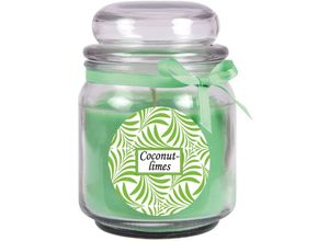 4059222276058 - Hs Candle - Duftkerze mit Schriftzug Coconut-Limes im Bonbon Glas 300g Wachs - Brenndauer ca 70 Stunden Kerze im Glas in Geschenkverpackung - Grün