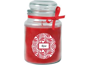 4059222276065 - Hs Candle - Duftkerze mit Schriftzug Rose im Bonbon Glas 500g Wachs - Brenndauer ca 110 Stunden Kerze im Glas in Geschenkverpackung - Rot