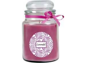 4059222276089 - Hs Candle - Duftkerze mit Schriftzug Lavendel im Bonbon Glas 500g Wachs - Brenndauer ca 110 Stunden Kerze im Glas in Geschenkverpackung - Lila