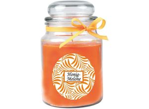 4059222276096 - Hs Candle - Duftkerze mit Schriftzug Honigmelone im Bonbon Glas 500g Wachs - Brenndauer ca 110 Stunden Kerze im Glas in Geschenkverpackung