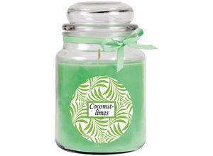 4059222276102 - Hs Candle - Duftkerze mit Schriftzug Coconut-Limes im Bonbon Glas 500g Wachs - Brenndauer ca 110 Stunden Kerze im Glas in Geschenkverpackung