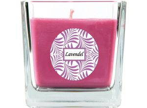 4059222276133 - Hs Candle - Duftkerze mit Schriftzug Lavendel im Viereck Glas 190g Wachs - Brenndauer ca 50 Stunden Kerze im Glas in Geschenkverpackung - Lila