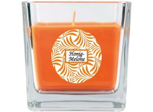 4059222276140 - Hs Candle - Duftkerze mit Schriftzug Honigmelone im Viereck Glas 190g Wachs - Brenndauer ca 50 Stunden Kerze im Glas in Geschenkverpackung