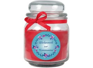 4059222277635 - Hs Candle - Duftkerze im Bonbonglas zur Kommunion Duft Rose ( Rot ) 300g - Brenndauer bis zu 70 Stunden Kerze aus Glas mit Duft - Rot