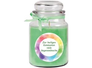 4059222277673 - Hs Candle - Duftkerze im Bonbonglas zur Kommunion Duft Kokos ( Grün ) 500g - Brenndauer bis zu 110 Stunden Kerze aus Glas mit Duft - Grün