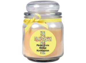 4059222277697 - Hs Candle - Duftkerze im Bonbonglas zur Kommunion Duft Vanille ( Gelb ) 300g - Brenndauer bis zu 70 Stunden Kerze aus Glas mit Duft - Gelb