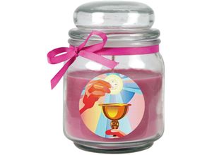 4059222277727 - Hs Candle - Duftkerze im Bonbonglas zur Kommunion Duft Lavendel ( Lila ) 300g - Brenndauer bis zu 70 Stunden Kerze aus Glas mit Duft - Lila