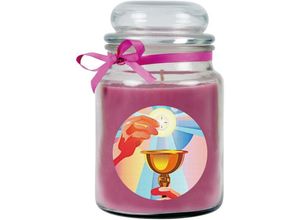 4059222278366 - Hs Candle - Duftkerze im Bonbonglas zur Kommunion Duft Lavendel ( Lila ) 500g - Brenndauer bis zu 110 Stunden Kerze aus Glas mit Duft - Lila