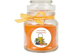 4059222278373 - Hs Candle - Duftkerze im Bonbonglas zur Kommunion Duft Honigmelone ( Orange ) 120g - Brenndauer bis zu 30 Stunden Kerze aus Glas mit Duft - Orange