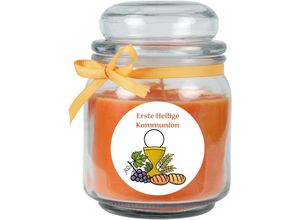 4059222278380 - Hs Candle - Duftkerze im Bonbonglas zur Kommunion Duft Honigmelone ( Orange ) 300g - Brenndauer bis zu 70 Stunden Kerze aus Glas mit Duft - Orange