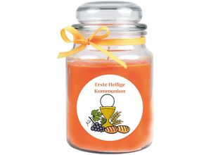 4059222278397 - Hs Candle - Duftkerze im Bonbonglas zur Kommunion Duft Honigmelone ( Orange ) 500g - Brenndauer bis zu 110 Stunden Kerze aus Glas mit Duft