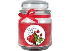 4059222279097 - Dankes-Duftkerze im Bonbonglas Danke Duft Rose ( Rot ) 300g - Brenndauer bis zu 70 Stunden Kerze aus Glas mit Duft - Rot