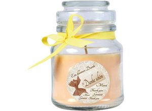 4059222279141 - Hs Candle - Dankes-Duftkerze im Bonbonglas Danke Duft Vanille ( Gelb ) 120g - Brenndauer bis zu 30 Stunden Kerze aus Glas mit Duft - Gelb