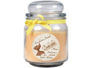 4059222279158 - Hs Candle - Dankes-Duftkerze im Bonbonglas Danke Duft Vanille ( Gelb ) 300g - Brenndauer bis zu 70 Stunden Kerze aus Glas mit Duft - Gelb