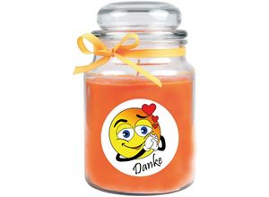 4059222279226 - Hs Candle - Dankes-Duftkerze im Bonbonglas Danke Duft Honigmelone ( Orange ) 500g - Brenndauer bis zu 110 Stunden Kerze aus Glas mit Duft - Orange