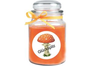 4059222279615 - Hs Candle - Duftkerze im Bonbonglas Viel Glück Duft Honigmelone ( Orange ) 500g - Brenndauer bis zu 110 Stunden Kerze aus Glas mit Duft - Orange