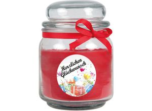 4059222279783 - Hs Candle - Geburtstagskerze mit Duft im Bonbonglas Happy Birthday Duft Rose ( Rot ) 300g - Brennd bis zu 70 Stunden Kerze aus Glas mit Duft