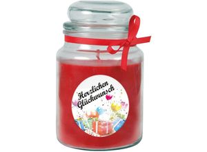 4059222279790 - Hs Candle - Geburtstagskerze mit Duft im Bonbonglas Happy Birthday Duft Rose ( Rot ) 500g - Brennd bis zu 110 Stunden Kerze aus Glas mit Duft