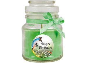 4059222279806 - Hs Candle - Geburtstagskerze mit Duft im Bonbonglas Happy Birthday Duft Kokos ( Grün ) 120g - Brennd bis zu 30 Stunden Kerze aus Glas mit Duft