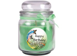 4059222279813 - Hs Candle - Geburtstagskerze mit Duft im Bonbonglas Happy Birthday Duft Kokos ( Grün ) 300g - Brennd bis zu 70 Stunden Kerze aus Glas mit Duft