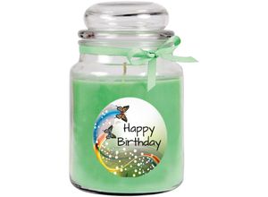 4059222279820 - Hs Candle - Geburtstagskerze mit Duft im Bonbonglas Happy Birthday Duft Kokos ( Grün ) 500g - Brennd bis zu 110 Stunden Kerze aus Glas mit Duft