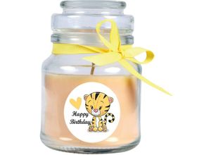 4059222279837 - Hs Candle - Geburtstagskerze mit Duft im Bonbonglas Happy Birthday Duft Vanille ( Gelb ) 120g - Brennd bis zu 30h Kerze aus Glas mit Duft - Gelb