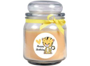 4059222279844 - Hs Candle - Geburtstagskerze mit Duft im Bonbonglas Happy Birthday Duft Vanille ( Gelb ) 300g - Brennd bis zu 70h Kerze aus Glas mit Duft - Gelb