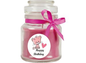 4059222279868 - Hs Candle - Geburtstagskerze mit Duft im Bonbonglas Happy Birthday Duft Lavendel ( Lila ) 120g - Brennd bis zu 30h Kerze aus Glas mit Duft - Lila