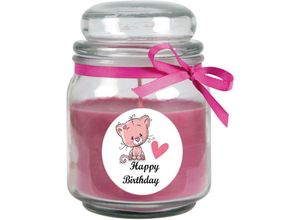 4059222279875 - Hs Candle - Geburtstagskerze mit Duft im Bonbonglas Happy Birthday Duft Lavendel ( Lila ) 300g - Brennd bis zu 70h Kerze aus Glas mit Duft - Lila