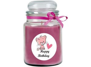 4059222279882 - Hs Candle - Geburtstagskerze mit Duft im Bonbonglas Happy Birthday Duft Lavendel ( Lila ) 500g - Brennd bis zu 110h Kerze aus Glas mit Duft