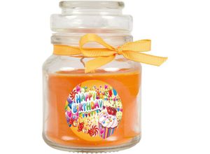 4059222279899 - Hs Candle - Geburtstagskerze mit Duft im Bonbonglas Happy Birthday Duft Honigmelone ( Orange ) 120g - Brennd bis zu 30h Kerze aus Glas mit Duft