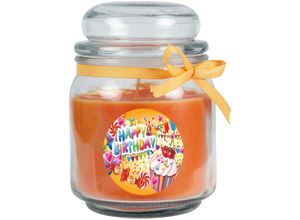 4059222279905 - Geburtstagskerze mit Duft im Bonbonglas Happy Birthday Duft Honigmelone ( Orange ) 300g - Brennd bis zu 70h Kerze aus Glas mit Duft - Orange