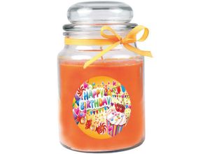 4059222279912 - Hs Candle - Geburtstagskerze mit Duft im Bonbonglas Happy Birthday Duft Honigmelone ( Orange ) 500g - Brennd bis zu 110h Kerze aus Glas mit Duft