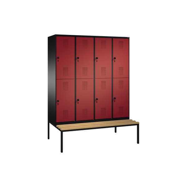 4059369428341 - EVOLO Garderobenschrank doppelstöckig mit Sitzbank 4 Abteile je 2 Fächer Abteilbreite 400 mm schwarzgrau   rubinrot