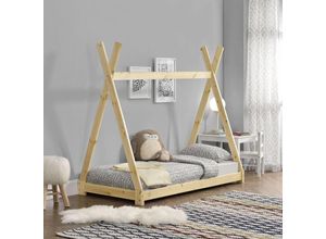 4059438123269 - Kinderbett Onejda in Tipi-Design Natur Holz 80x160 cm [encasa] Hellbraun