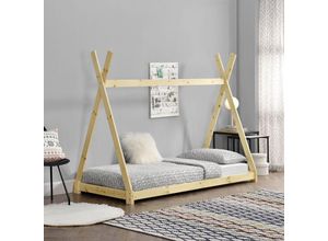 4059438123283 - Kinderbett Onejda in Tipi-Design Natur Holz 90x200 cm [encasa] Hellbraun